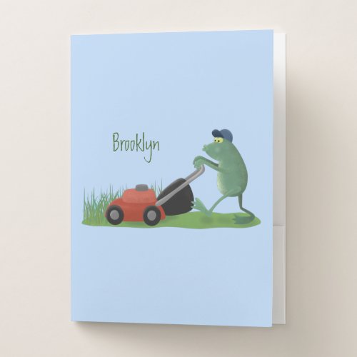 Funny green frog mowing lawn cartoon pocket folder