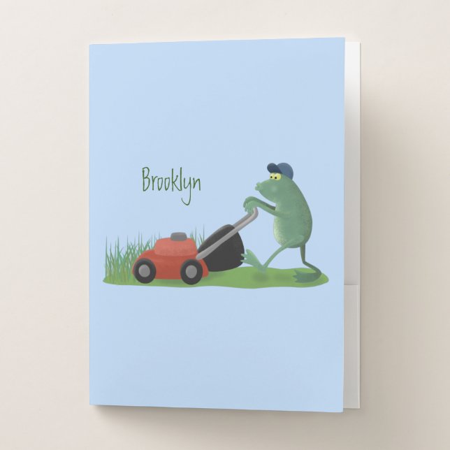Funny green frog mowing lawn cartoon pocket folder (Front)