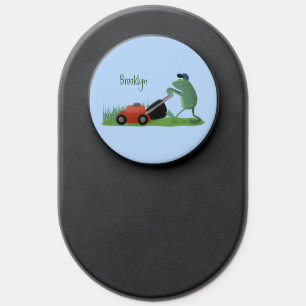 Funny green frog mowing lawn cartoon PopSocket
