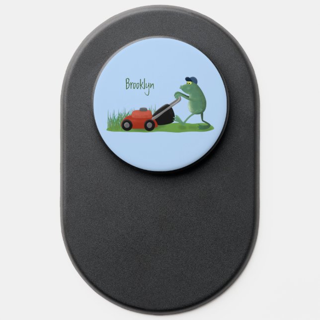 Funny green frog mowing lawn cartoon PopSocket (Popsocket)