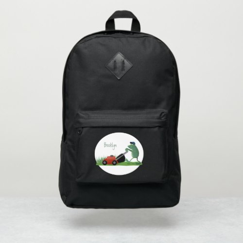Funny green frog mowing lawn cartoon port authority backpack