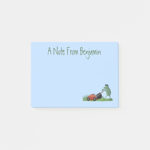 Funny green frog mowing lawn cartoon post_it notes