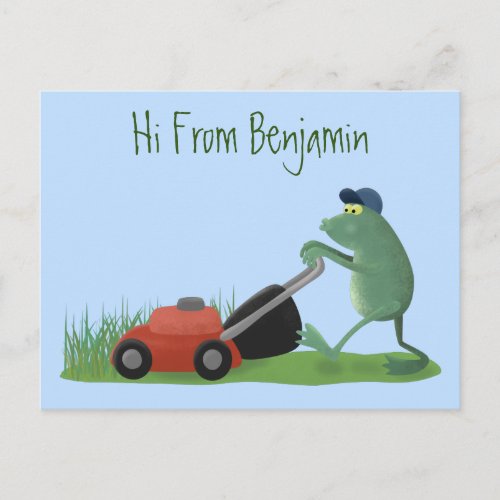 Funny green frog mowing lawn cartoon postcard