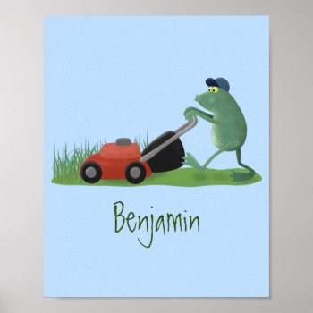 Funny Green Frog Mowing Lawn Cartoon Poster by thefrogfactory at Zazzle