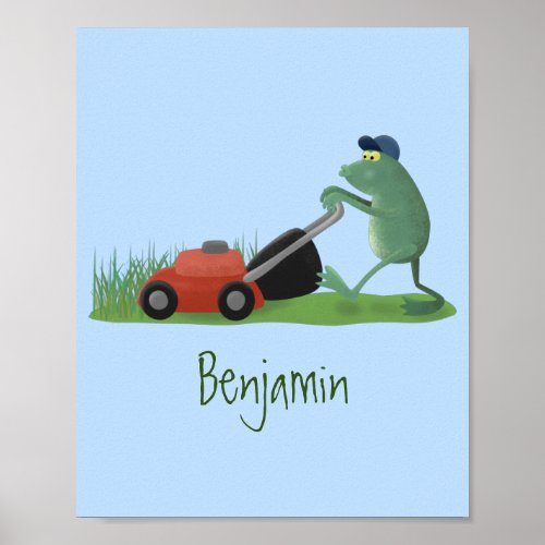 Funny green frog mowing lawn cartoon poster