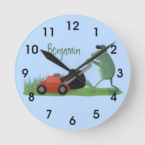 Funny green frog mowing lawn cartoon round clock