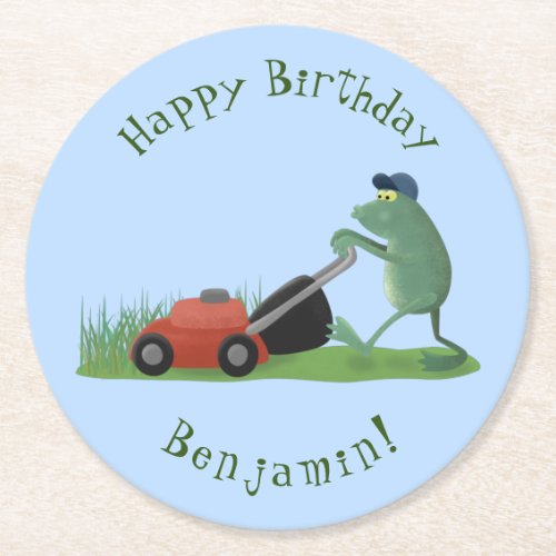 Funny green frog mowing lawn cartoon round paper coaster