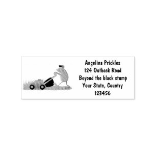 Funny green frog mowing lawn cartoon rubber stamp