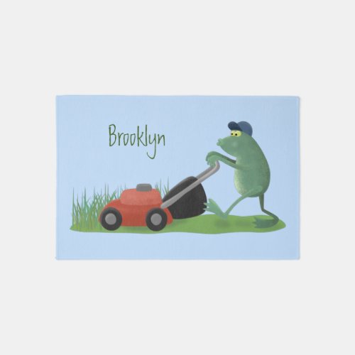 Funny green frog mowing lawn cartoon rug