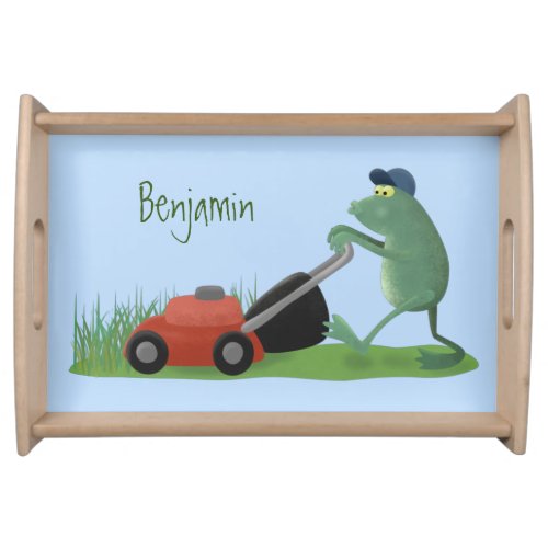 Funny green frog mowing lawn cartoon serving tray