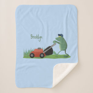 Funny green frog mowing lawn cartoon sherpa blanket