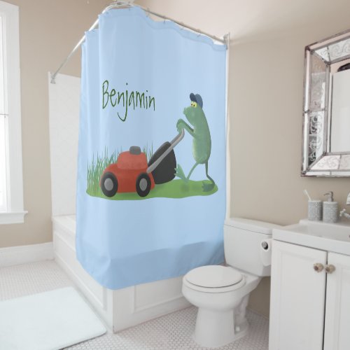Funny green frog mowing lawn cartoon shower curtain