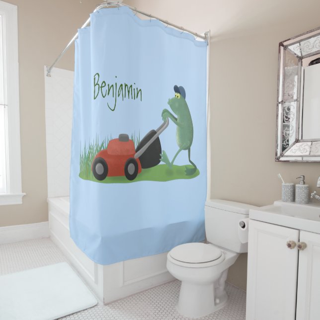 Funny green frog mowing lawn cartoon shower curtain (In Situ)