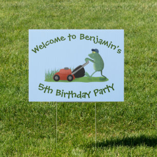 Funny green frog mowing lawn cartoon sign