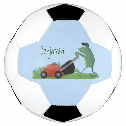 Funny green frog mowing lawn cartoon soccer ball