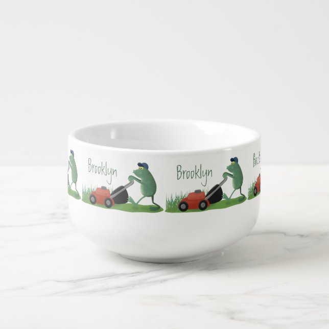 Funny green frog mowing lawn cartoon soup mug (Front)