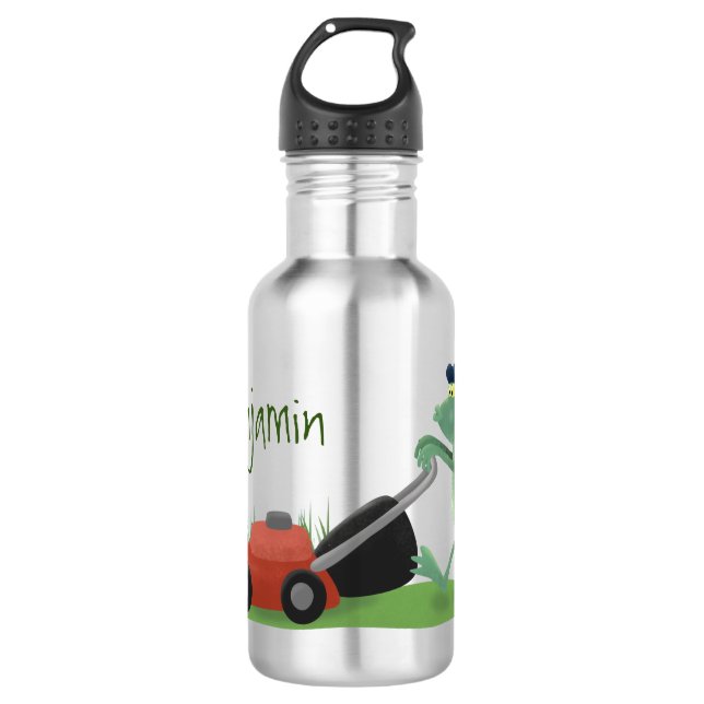 Funny green frog mowing lawn cartoon stainless steel water bottle (Front)