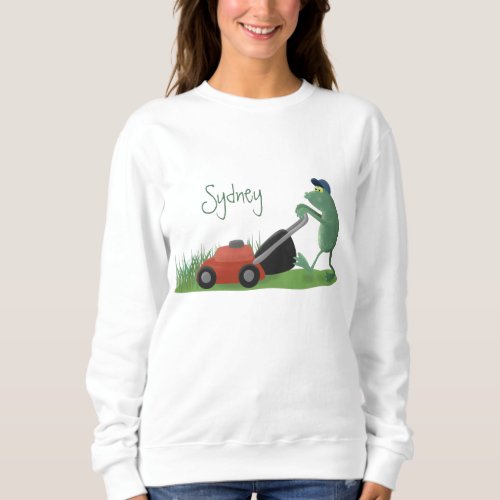 Funny green frog mowing lawn cartoon sweatshirt