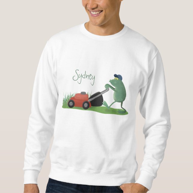 Funny green frog mowing lawn cartoon sweatshirt (Front)