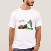 Funny green frog mowing lawn cartoon