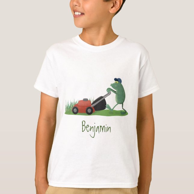 Funny green frog mowing lawn cartoon T-Shirt (Front)