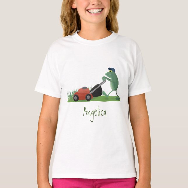 Funny green frog mowing lawn cartoon T-Shirt (Front)