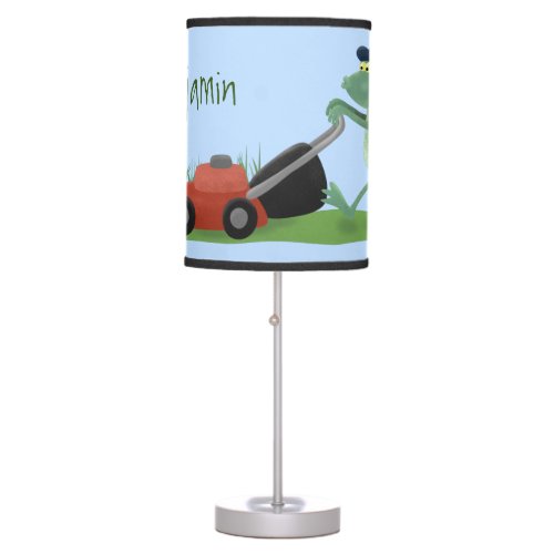 Funny green frog mowing lawn cartoon table lamp