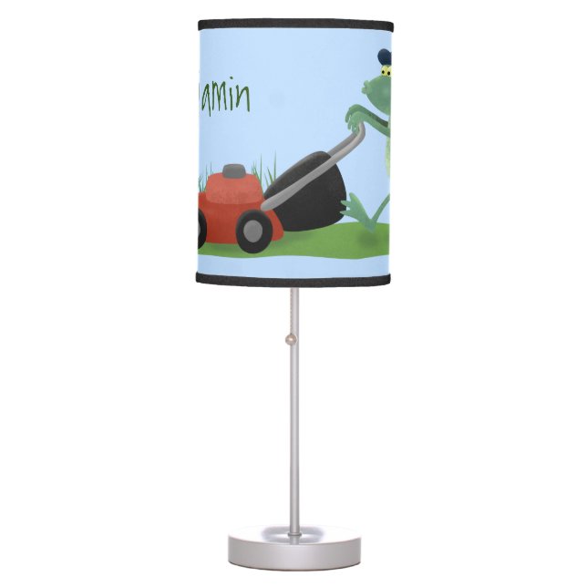 Funny green frog mowing lawn cartoon table lamp (Front)