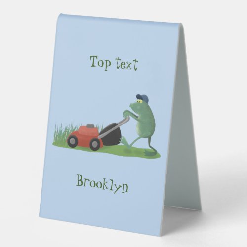 Funny green frog mowing lawn cartoon table tent sign
