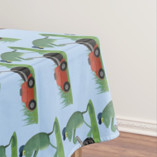 Funny green frog mowing lawn cartoon tablecloth