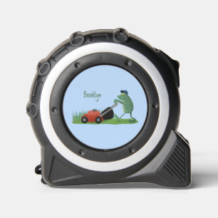 Funny green frog mowing lawn cartoon tape measure