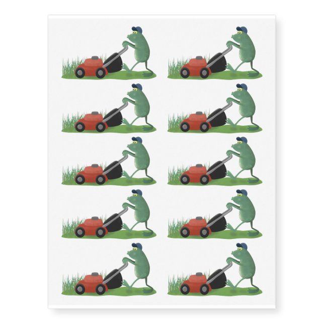 Funny green frog mowing lawn cartoon temporary tattoos (Front)