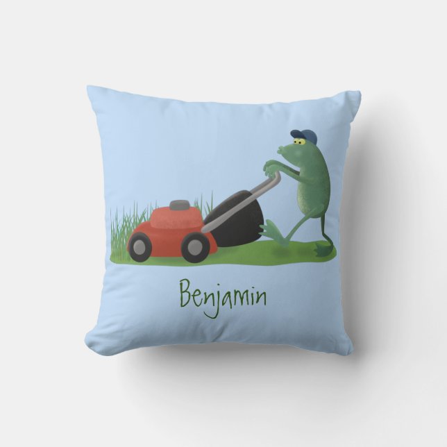 Funny green frog mowing lawn cartoon throw pillow (Front)