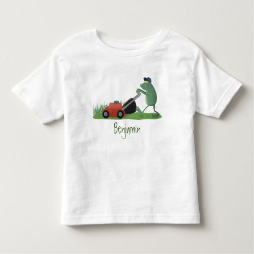 Funny green frog mowing lawn cartoon toddler t_shirt