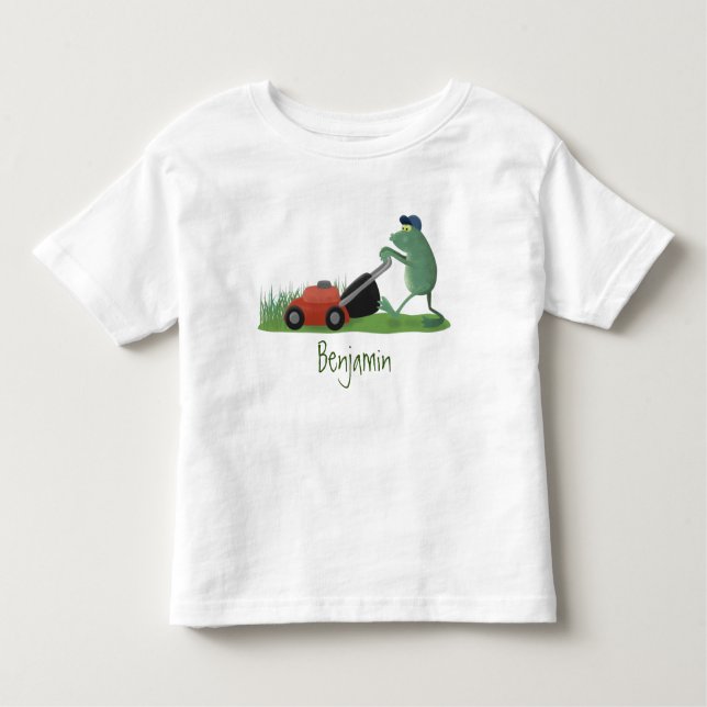 Funny green frog mowing lawn cartoon toddler t-shirt (Front)
