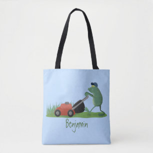 Funny green frog mowing lawn cartoon tote bag