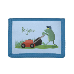 Funny green frog mowing lawn cartoon tri-fold wallet