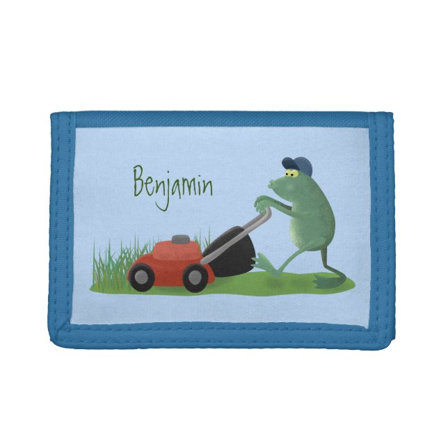 Funny green frog mowing lawn cartoon trifold wallet (Front)