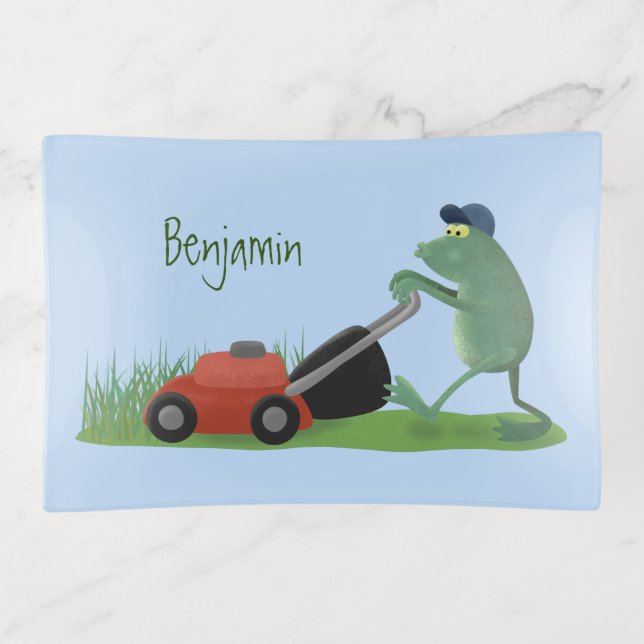 Funny green frog mowing lawn cartoon trinket tray (Front)