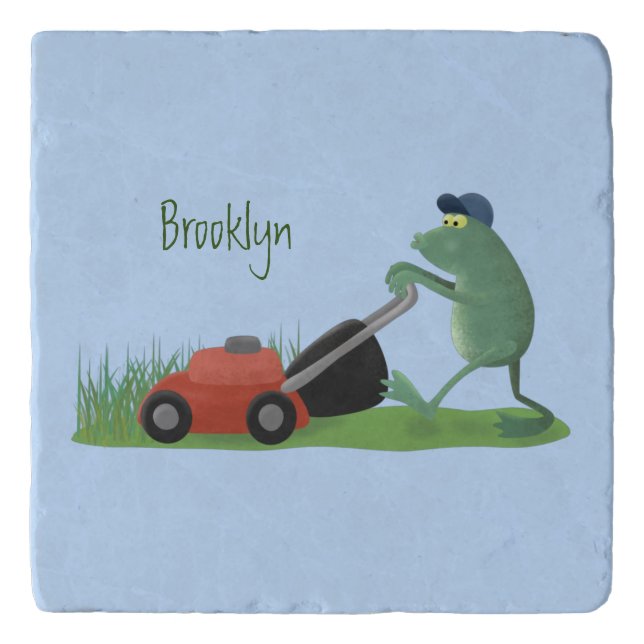 Funny green frog mowing lawn cartoon trivet (Front)