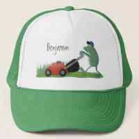 Funny green frog mowing lawn cartoon trucker hat