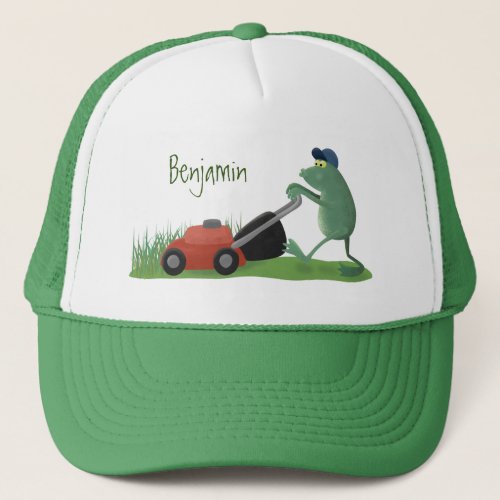 Funny green frog mowing lawn cartoon trucker hat
