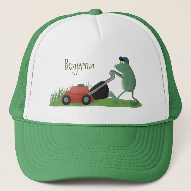 Funny green frog mowing lawn cartoon trucker hat (Front)