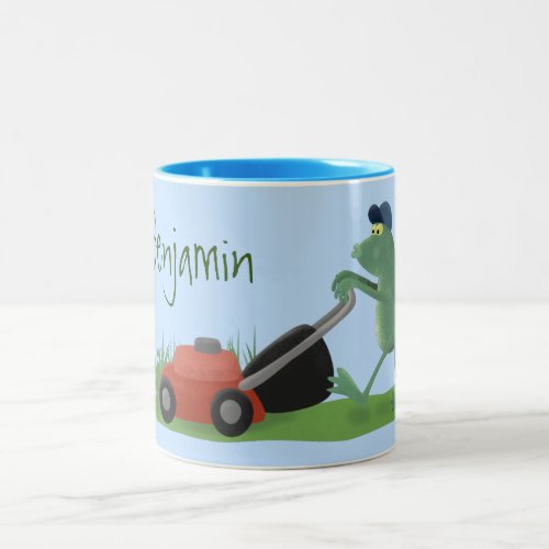 Funny green frog mowing lawn cartoon Two_Tone coffee mug