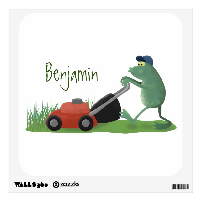 Funny green frog mowing lawn cartoon wall decal (Front)