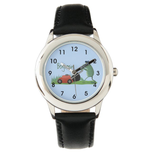 Funny green frog mowing lawn cartoon watch (Front)