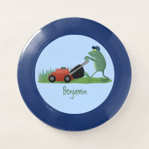 Funny green frog mowing lawn cartoon Wham-O frisbee