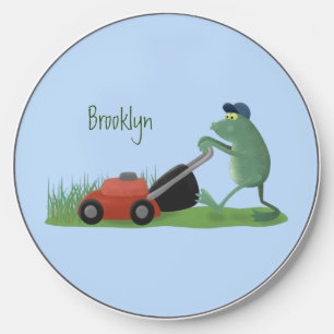 Funny green frog mowing lawn cartoon wireless charger