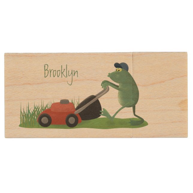 Funny green frog mowing lawn cartoon wood flash drive (Front)