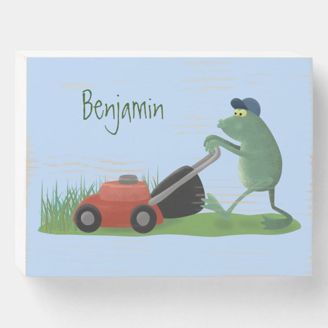 Funny green frog mowing lawn cartoon wooden box sign (Front Horizontal)